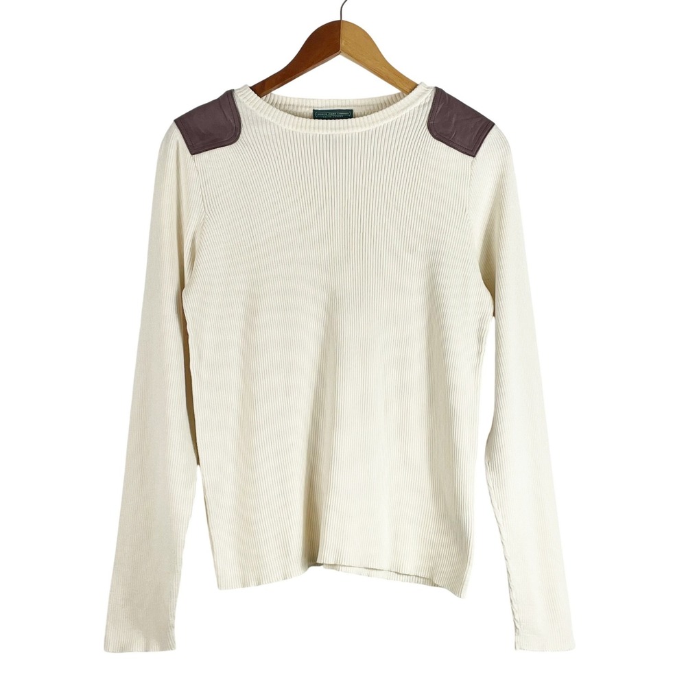 Lauren Ralph Lauren Ribbed Top Women L Cream Leather Patch Equestrian Flaw READ